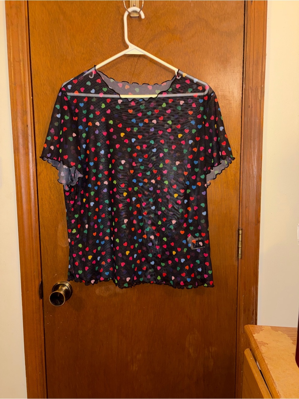 SHEIN Sheer Black Short Sleeve Top with Multicolor Heart Print